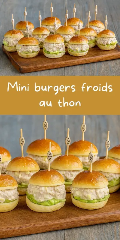 Une douzaine de mini burgers au thon garnis de salade sur une planche en bois.