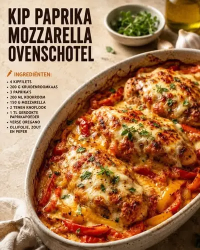 Een ovale ovenschaal gevuld met kipfilets, paprika en een romige saus onder een laag gesmolten mozzarella.