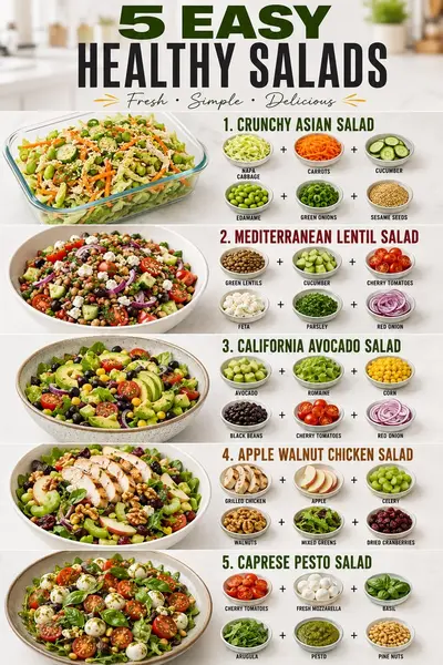 Eine Infografik zeigt fünf verschiedene, gesunde Salatvarianten mit den dazugehörigen frischen Zutaten.