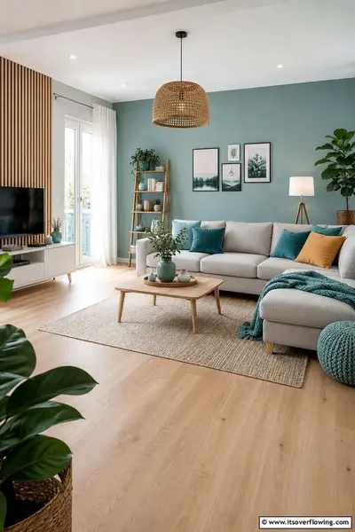 Ein helles Wohnzimmer mit einer Petrol-Wand, einem grauen Sofa und Holzakzenten wirkt harmonisch und modern.