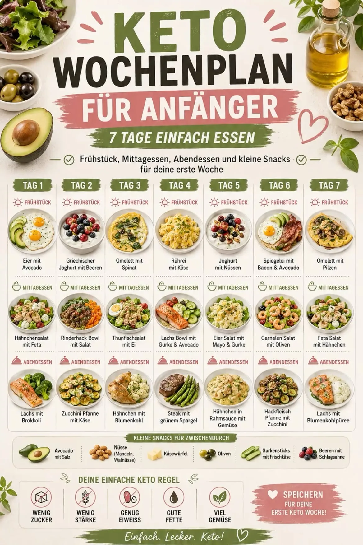 Grafische Übersicht eines 7-Tage-Keto-Ernährungsplans mit Mahlzeiten für jeden Tag und hilfreichen Ernährungstipps.