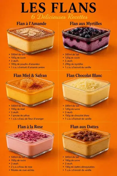 Six plats en verre carrés contenant différents flans colorés présentés sur un fond orange vif.