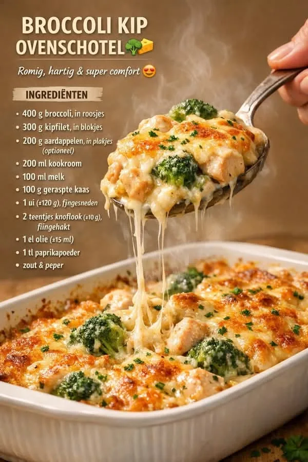Een dampende ovenschotel met broccoli en kip in een witte ovenschaal met draden gesmolten kaas.