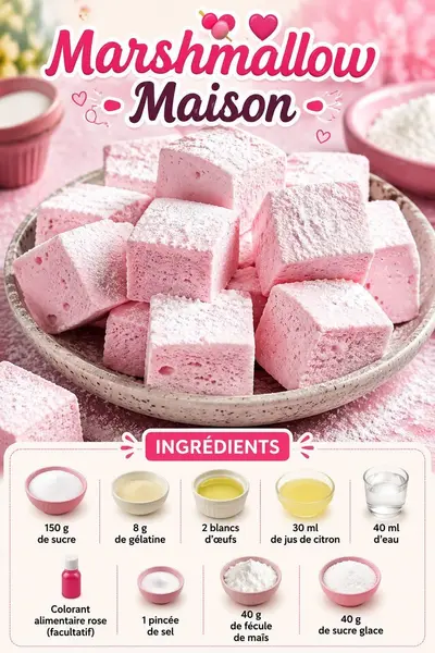 Une assiette remplie de cubes de guimauve rose pâle saupoudrés de sucre glace sur fond rose.