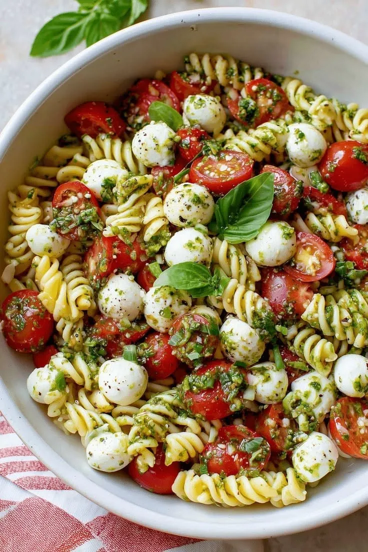 Eine weiße Schüssel gefüllt mit Fusilli-Nudelsalat, Kirschtomaten, Mozzarella-Kugeln und grünem Pesto.