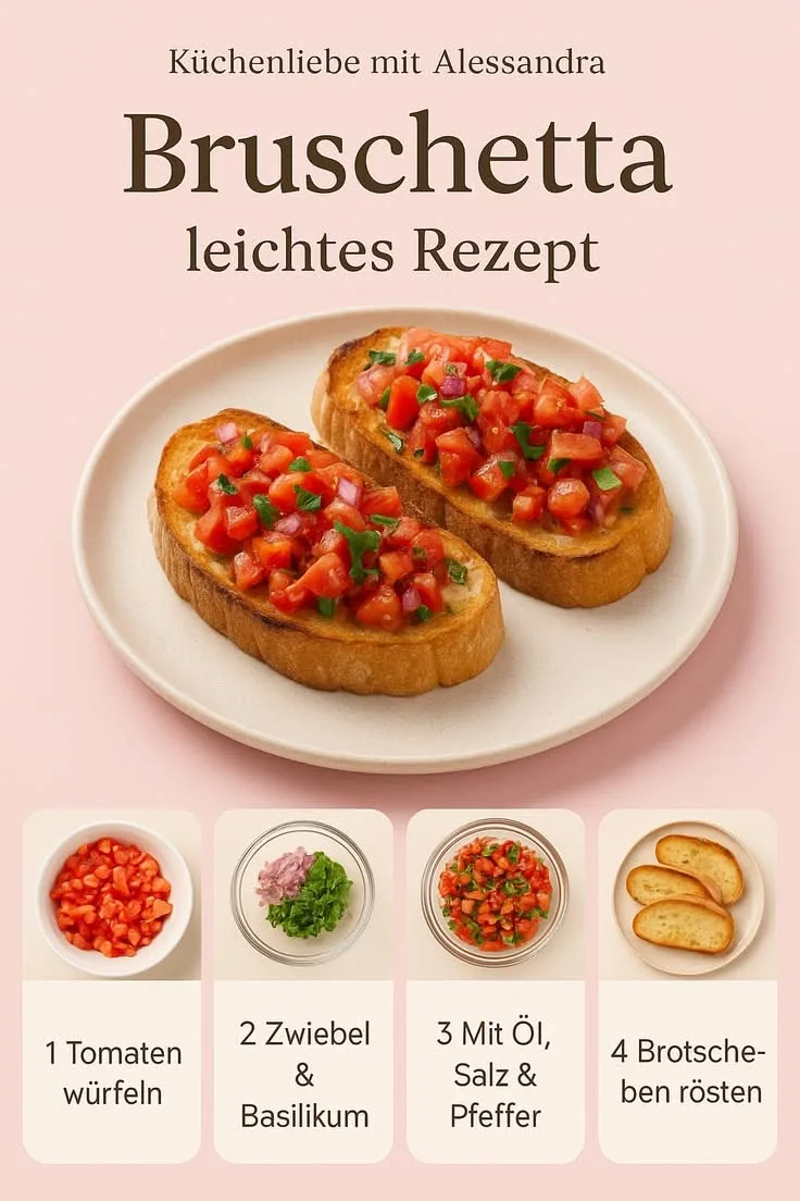Zwei Scheiben geröstetes Brot belegt mit einer Mischung aus Tomaten, Zwiebeln und Basilikum auf einem Teller.
