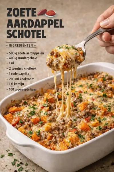 Een hand schept een portie van een dampende ovenschotel met zoete aardappel en gesmolten kaas uit een witte schaal.