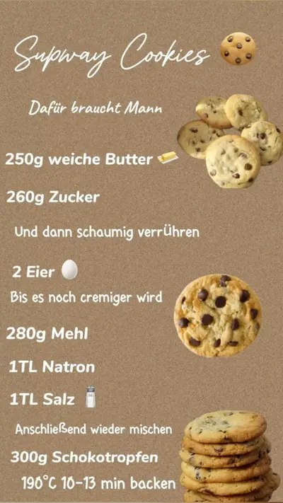 Ein Rezept für Chocolate Chip Cookies mit Zutatenliste auf braunem Hintergrund und Bildern fertiger Kekse.