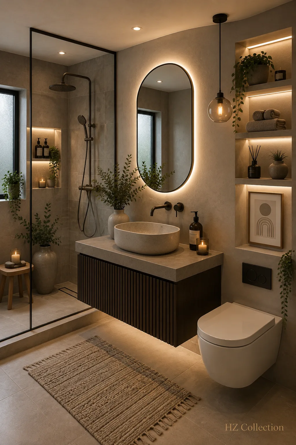 Ein luxuriöses, modernes Badezimmer mit warmen Grautönen, indirekter Beleuchtung, Pflanzen und einem eleganten Waschtisch.