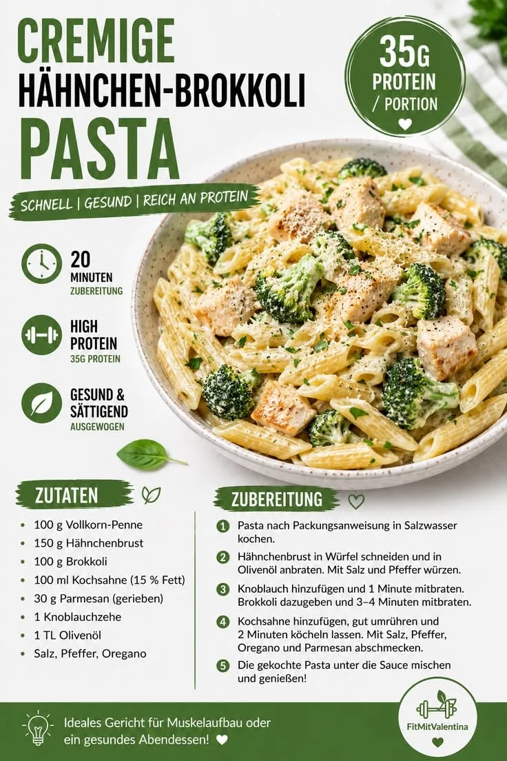 Ein Teller mit cremiger Penne-Pasta, gebratenen Hähnchenwürfeln, Brokkoli und etwas Parmesan auf einem Holztisch.