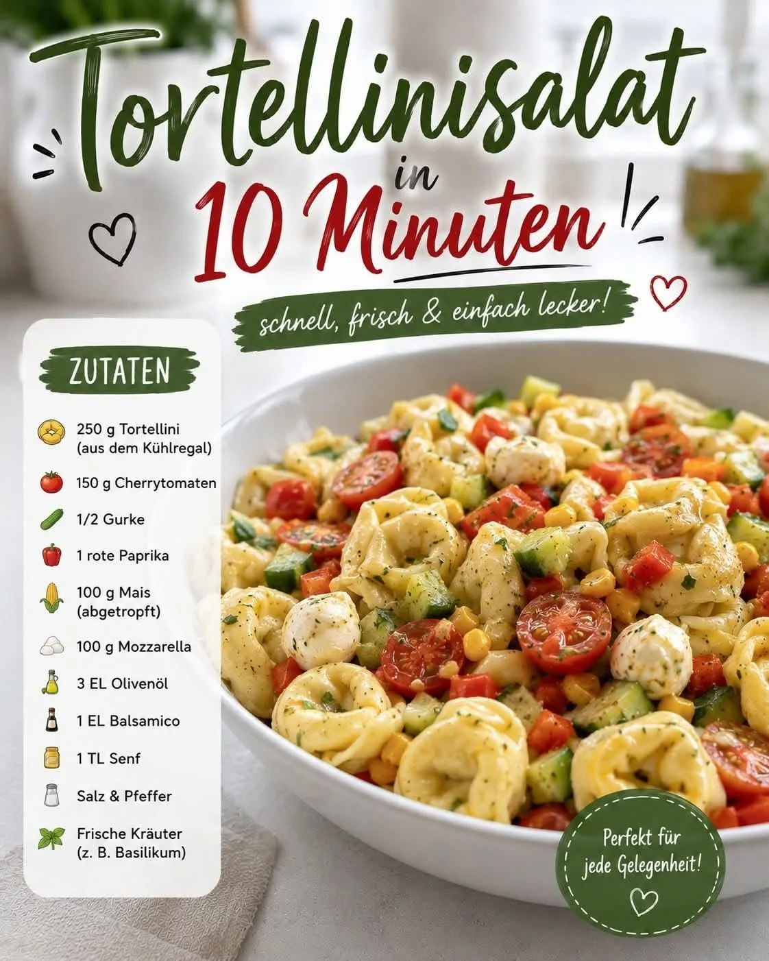 Eine große weiße Schüssel gefüllt mit einem bunten Tortellinisalat aus Nudeln, Kirschtomaten, Gurken und Mozzarella.