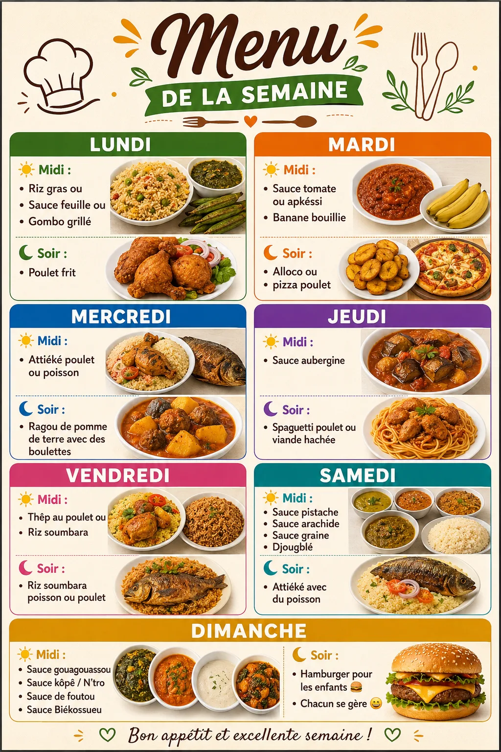 Une affiche colorée présentant un planning de menus hebdomadaires avec des plats africains variés pour chaque jour.