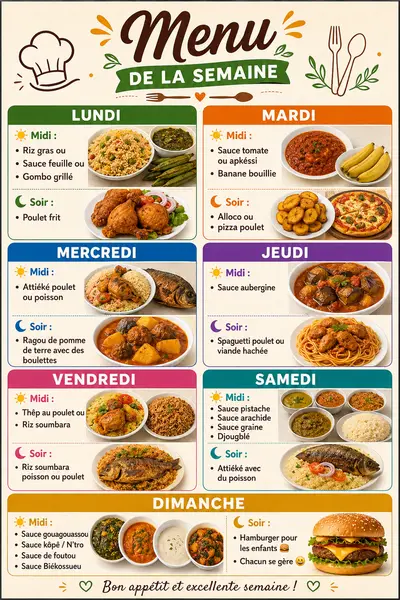 Une affiche colorée présentant un planning de menus hebdomadaires avec des plats africains variés pour chaque jour.