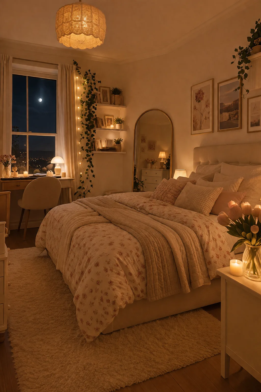 Ein gemütlich beleuchtetes Schlafzimmer mit floraler Bettwäsche, Pflanzen an Wandregalen und einem Blick auf den Mond.