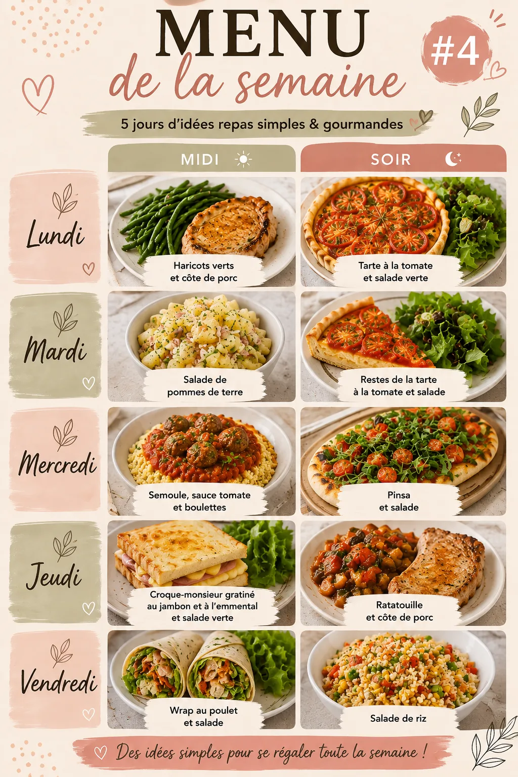 Une infographie présentant un planning de repas pour cinq jours avec des photos de plats variés.