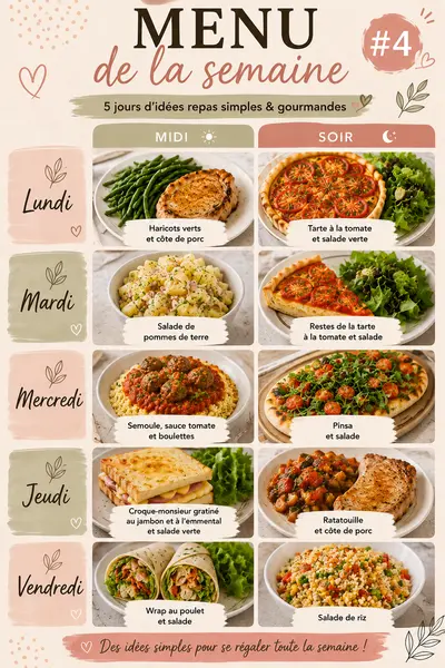 Une infographie présentant un planning de repas pour cinq jours avec des photos de plats variés.