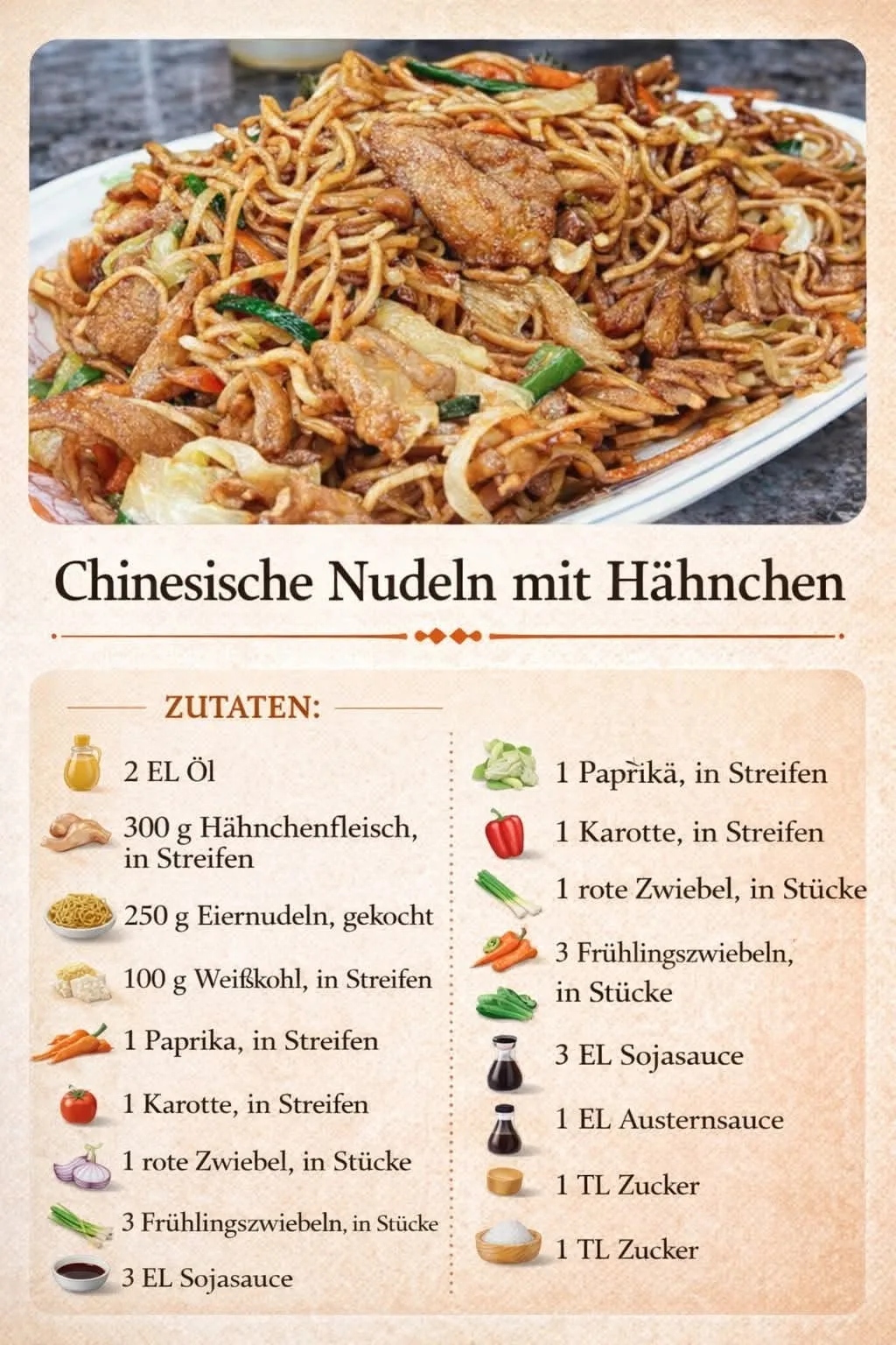 Ein Teller mit gebratenen chinesischen Nudeln, Hähnchenstreifen und buntem Gemüse wie Karotten und Kohl.