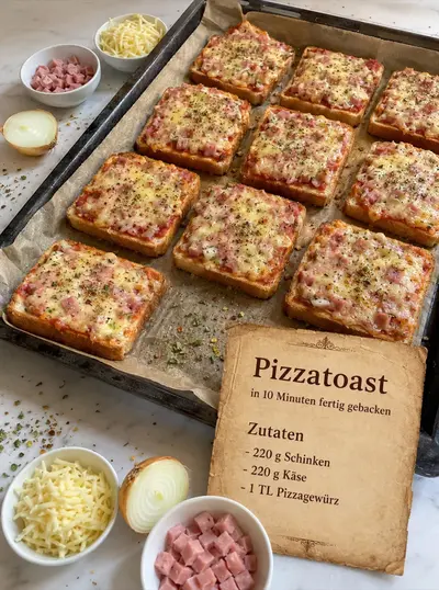 Ein mit neun Pizzatoasts belegtes Backblech neben Schälchen mit Schinken, Käse und einer halbierten Zwiebel.