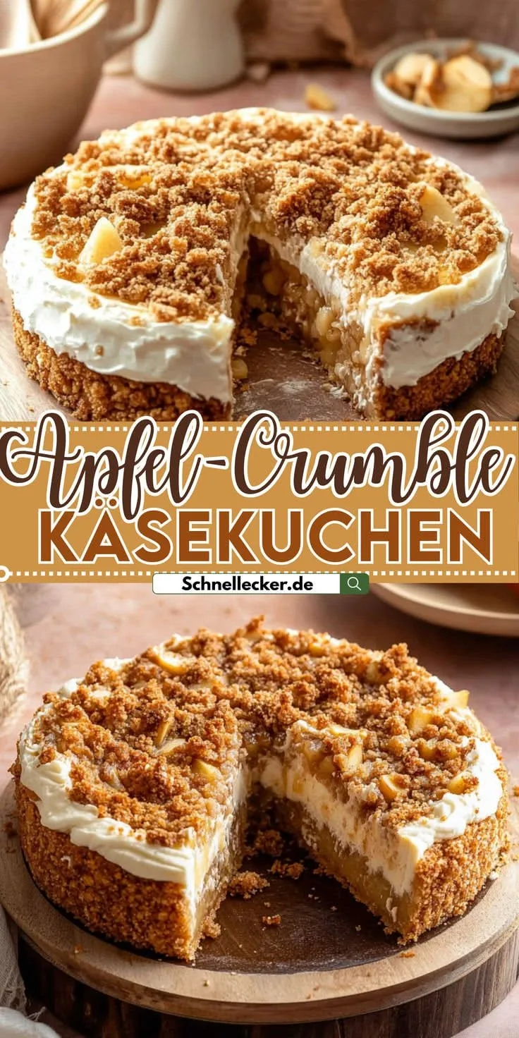 Ein runder Apfel-Käsekuchen mit einer Apfelschicht, Käsekuchencreme und knusprigen Streuseln auf einem Holzbrett.