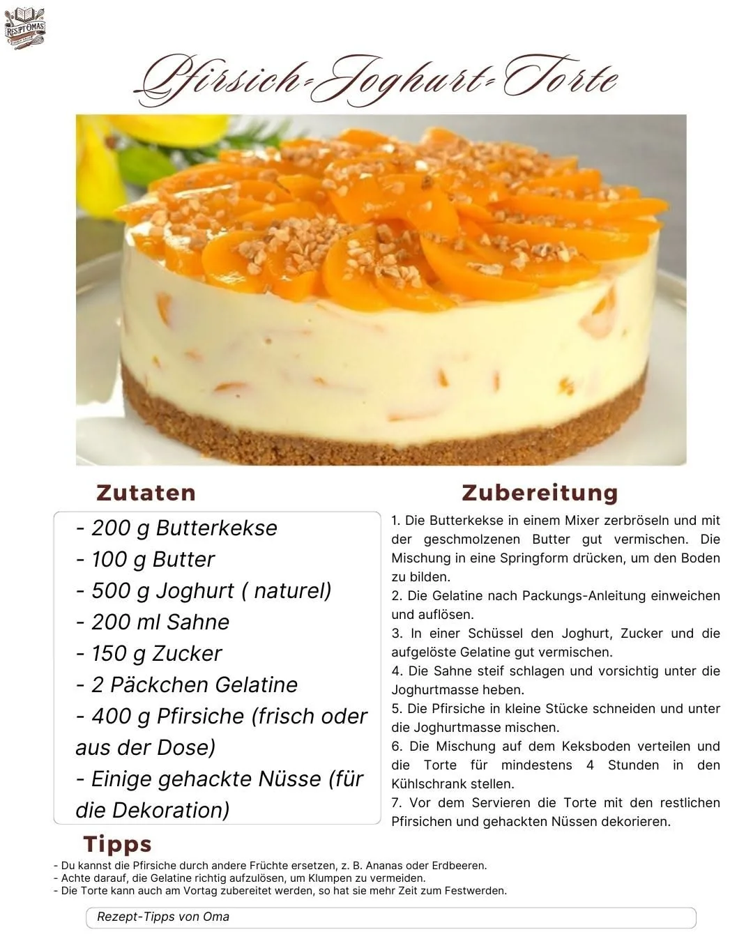 Eine runde Pfirsich-Joghurt-Torte mit Keksboden, belegt mit frischen Pfirsichspalten und gehackten Nüssen.