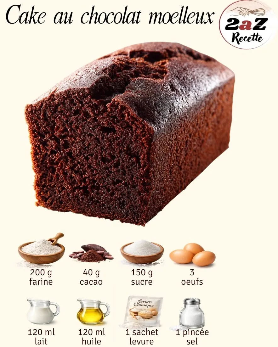 Un cake au chocolat rectangulaire et bien doré est illustré avec ses ingrédients de base disposés en dessous.