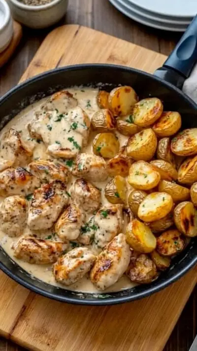 Une poêle contenant du poulet en sauce crémeuse à l'ail et des pommes de terre rôties sur une planche en bois.