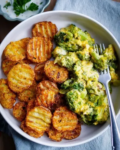 Eine weiße Schüssel mit knusprigen Bratkartoffelscheiben und cremigem Brokkoli-Käse-Gratin, serviert mit einer Gabel.