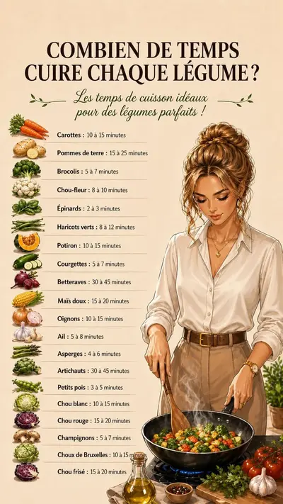 Une illustration d'une femme cuisinant des légumes avec une liste de temps de cuisson pour divers légumes.