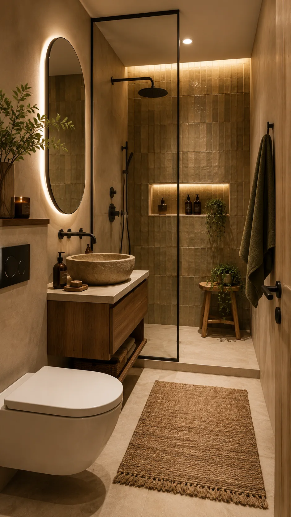 Ein modernes, kleines Badezimmer mit einer begehbaren Dusche, einem Steinwaschbecken und warmen, indirekten Lichtquellen.