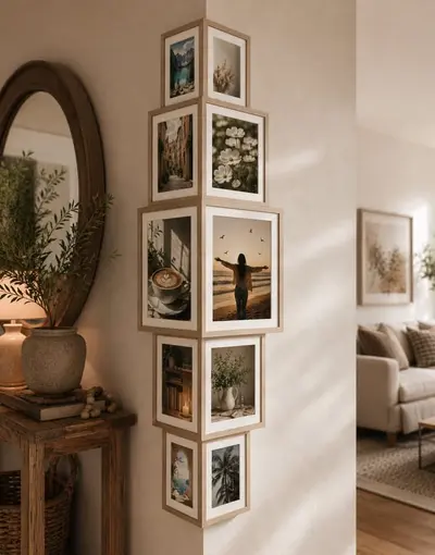 Eine vertikale Bildergalerie mit hellen Holzrahmen, die nahtlos über die Innenecke einer Wand verläuft.