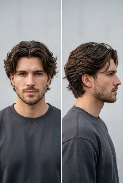 Ein Mann mit mittellangem, dunkelbraunem Haar und Mittelscheitel, dargestellt von vorne und im Profil.