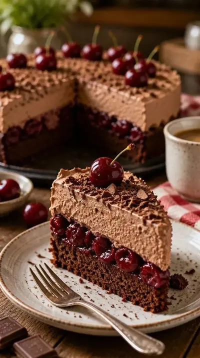 Ein Stück Schokoladen-Kirsch-Torte auf einem Teller mit Gabel, belegt mit einer frischen Kirsche und Schokoraspeln.