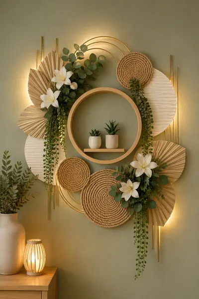 Eine runde Boho-Wanddekoration aus Holz, Jute, Palmblättern und weißen Lilien mit indirekter LED-Beleuchtung.