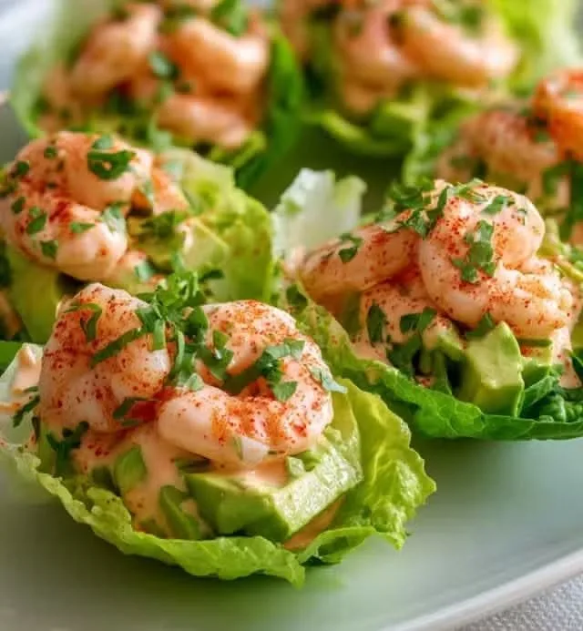 Des bouchées apéritives composées de crevettes et d'avocat servies dans des feuilles de laitue croquante.