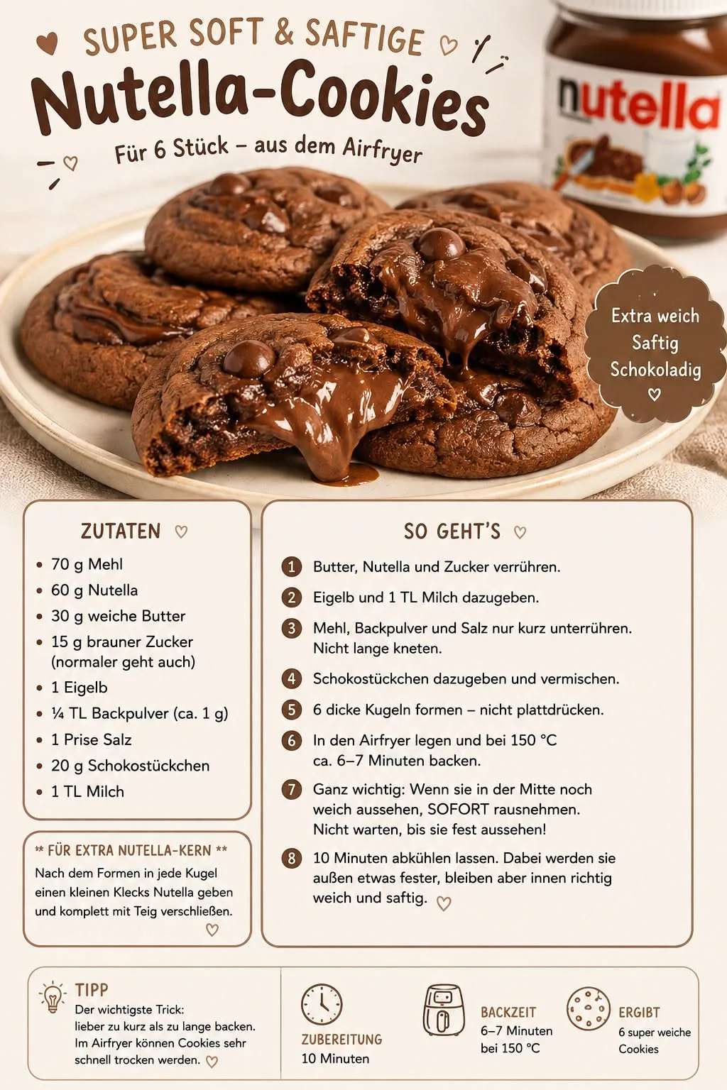 Ein Teller mit saftigen Nutella-Cookies, von denen einer aufgebrochen ist und einen flüssigen Schokoladenkern zeigt.
