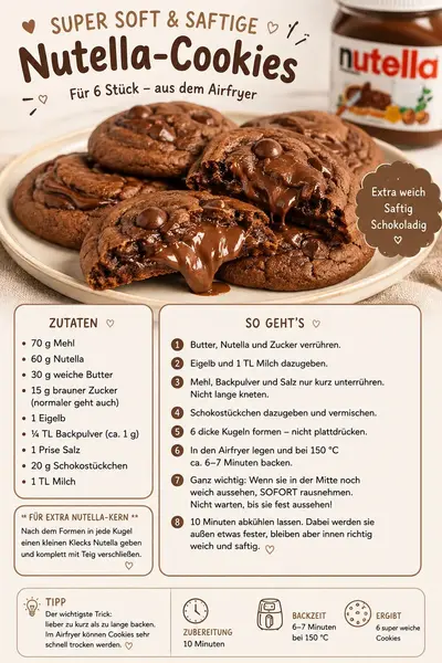 Ein Teller mit saftigen Nutella-Cookies, von denen einer aufgebrochen ist und einen flüssigen Schokoladenkern zeigt.