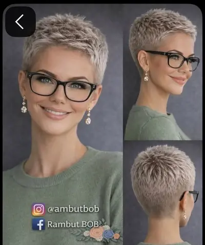 Eine Frau mit kurzem aschblonden Pixie-Cut trägt eine schwarze Brille und blickt freundlich in die Kamera.