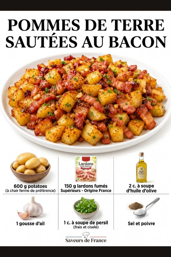 Une assiette de pommes de terre dorées sautées avec des lardons fumés et saupoudrées de persil frais.