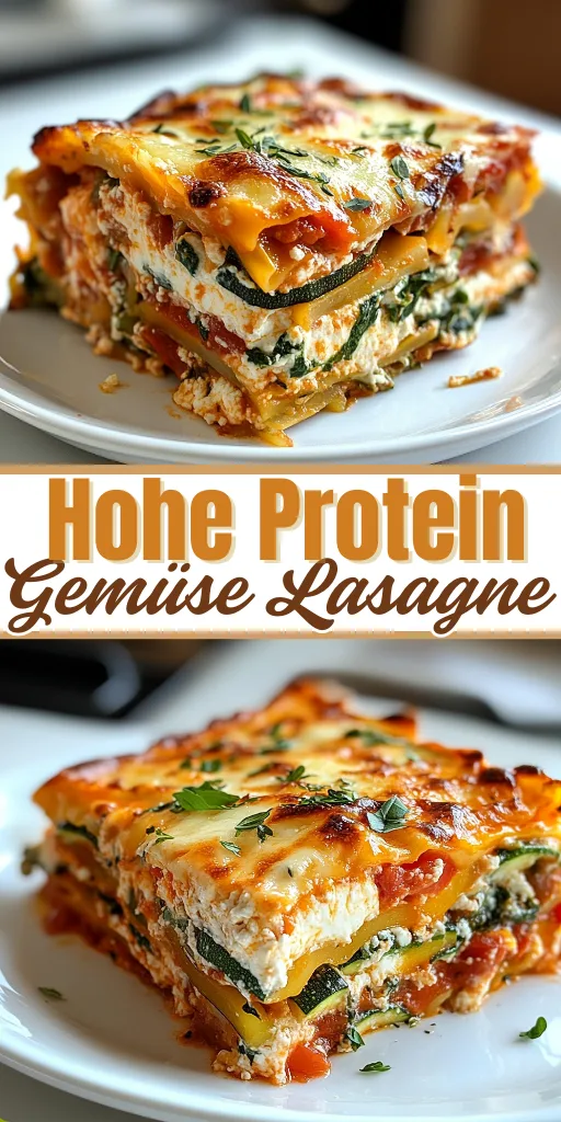 Ein Stück frisch gebackene, geschichtete Gemüse-Lasagne mit goldbrauner Käsekruste auf einem weißen Teller serviert.