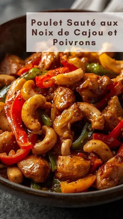 Un bol contenant du poulet sauté doré accompagné de noix de cajou entières et de poivrons colorés dans une sauce brillante.