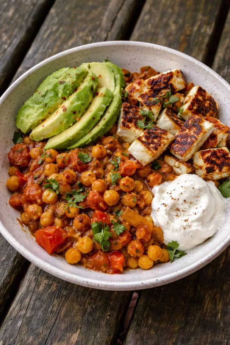 Eine Bowl mit Kichererbsen, gegrilltem Halloumi, Avocado und einem Klecks Joghurt auf einem Holztisch.