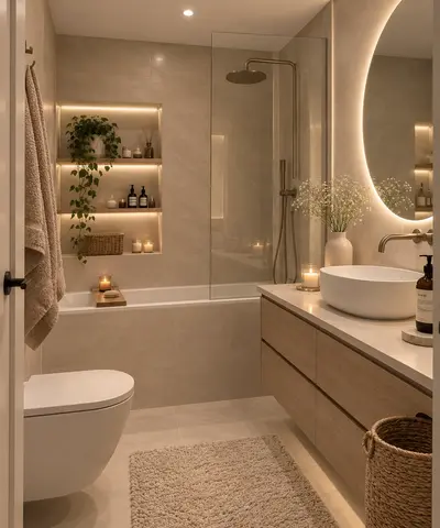 Ein modernes, in Beige- und Sandtönen gestaltetes Badezimmer mit indirekter Beleuchtung und natürlichen Holzmöbeln.