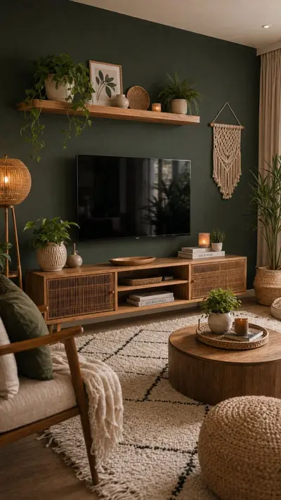Ein Wohnzimmer mit dunkelgrüner Wand, TV-Board aus hellem Holz, Rattan-Details und grünen Pflanzen im Boho-Stil.
