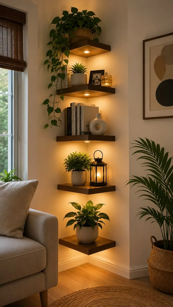 Fünf beleuchtete Holzregale in einer Ecke, bestückt mit Zimmerpflanzen, Büchern und Dekoration über einem Sofa.