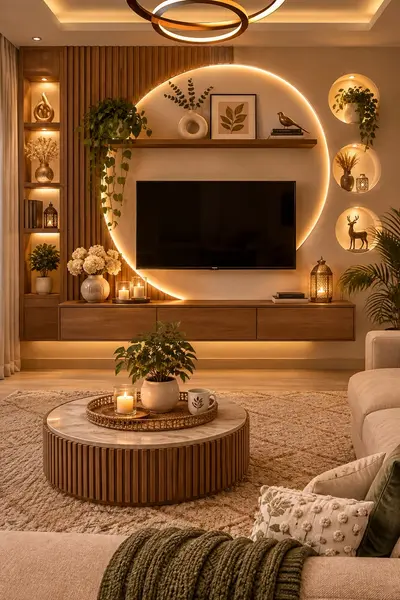 Eine moderne TV-Wand mit Holzlamellen, kreisförmiger LED-Beleuchtung und runden Wandnischen in einem Wohnzimmer.