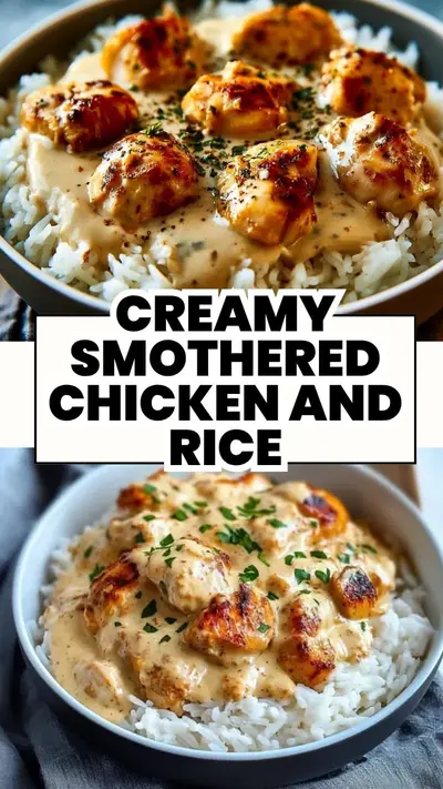 A close-up of a bowl containing fluffy white rice topped with golden-brown chicken pieces smothered in a creamy sauce.