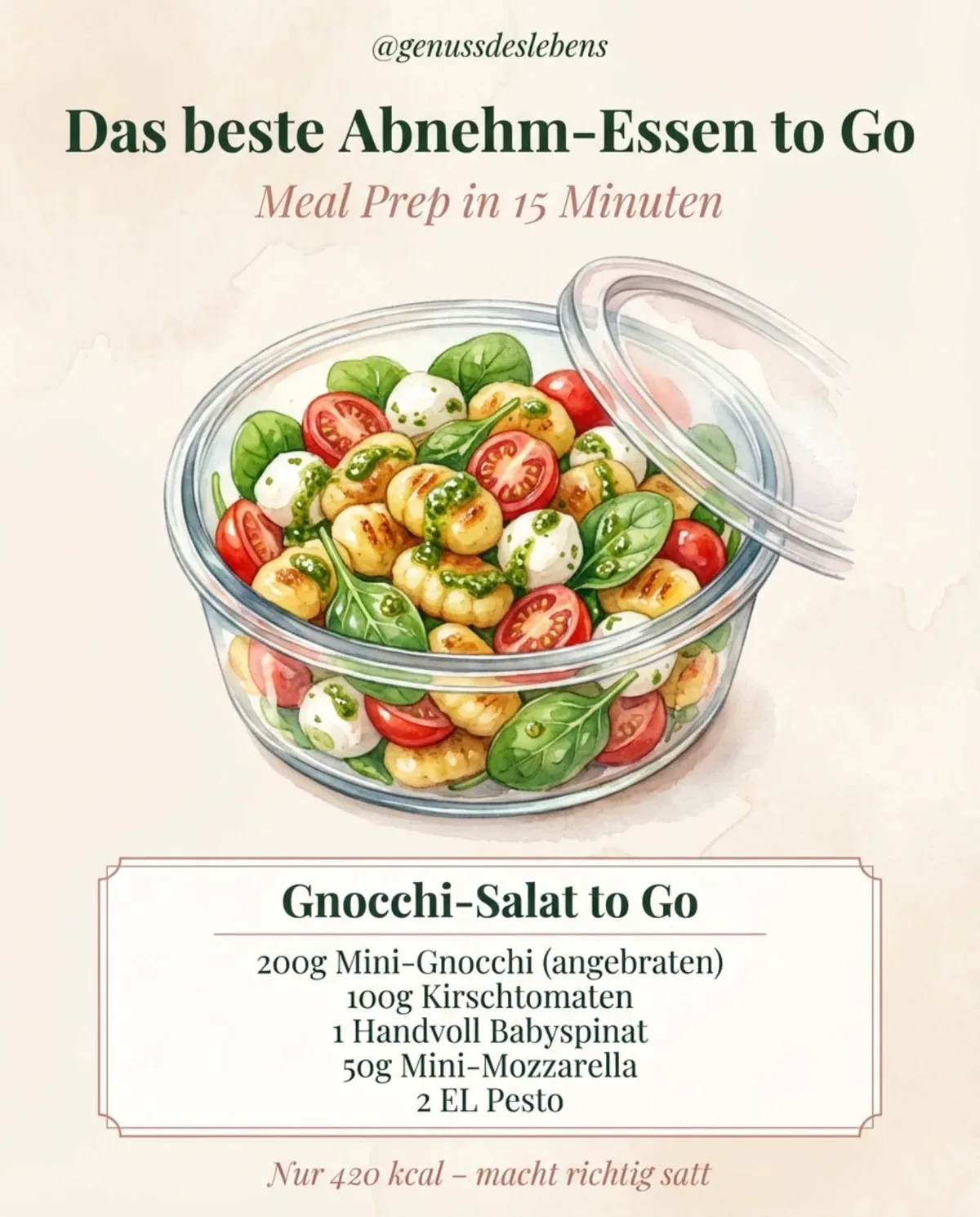 Eine Illustration einer Glasschüssel mit einem Gnocchi-Salat aus angebratenen Gnocchi, Tomaten, Mozzarella und Pesto.