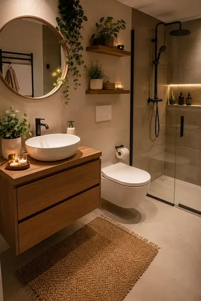 Modernes Badezimmer mit Waschtisch in Holzoptik, grünen Pflanzen und einer begehbaren Dusche mit schwarzen Armaturen.