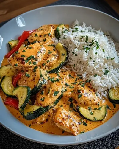 Ein Teller mit cremiger Hähnchenpfanne, Zucchini, Paprika und Reis, garniert mit frischen Kräutern.