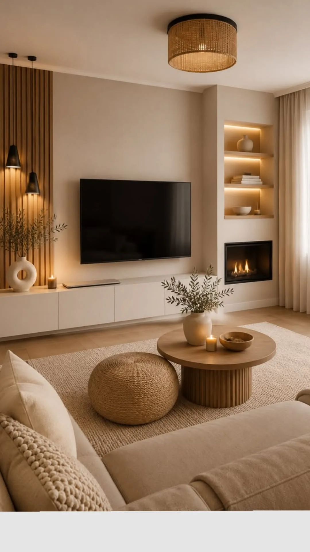 Modernes Wohnzimmer in Beigetönen mit Holzlamellenwand, Kamin, rundem Holztisch und gemütlichem Jute-Pouf.